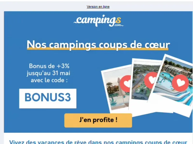 E-mailing Campings.com « Nos campings coups de cœur » avec code promotionnel