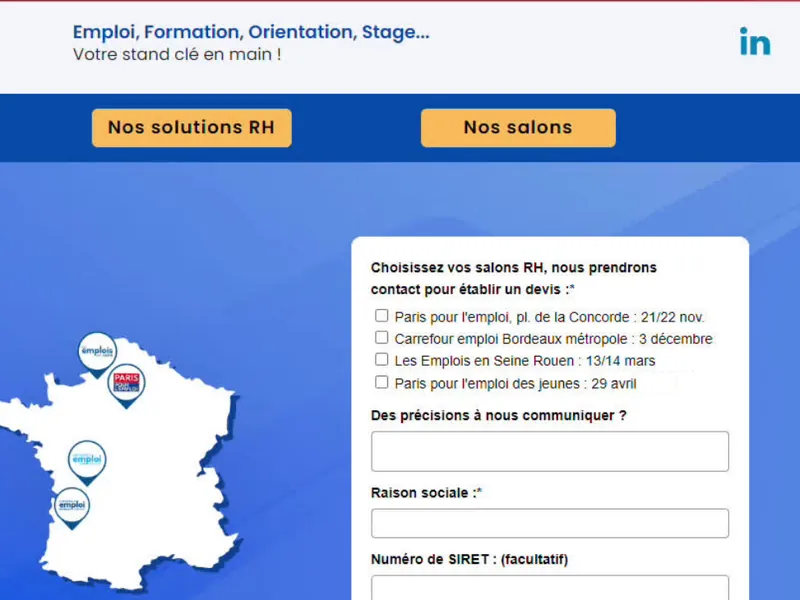 Landing page Carrefours pour l'Emploi avec carte des salons et formulaire de devis