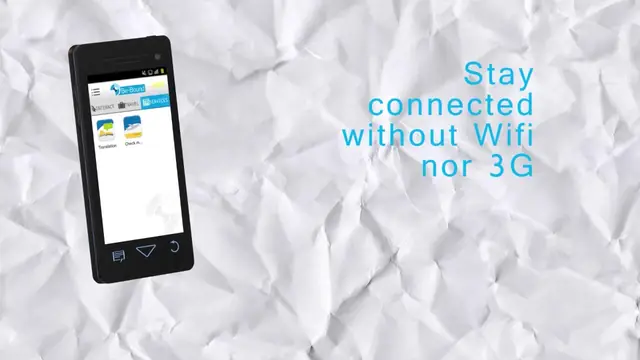 Smartphone en 3D sur fond de papier froissé avec le texte Stay connected without Wifi nor 3G