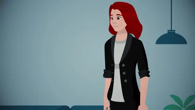 Justine, personnage animé d'agent immobilier, debout dans son bureau, vidéo Ding Dong